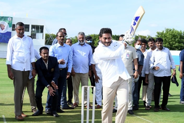 CM Jagan plays cricket in YS Rajareddy stadium
