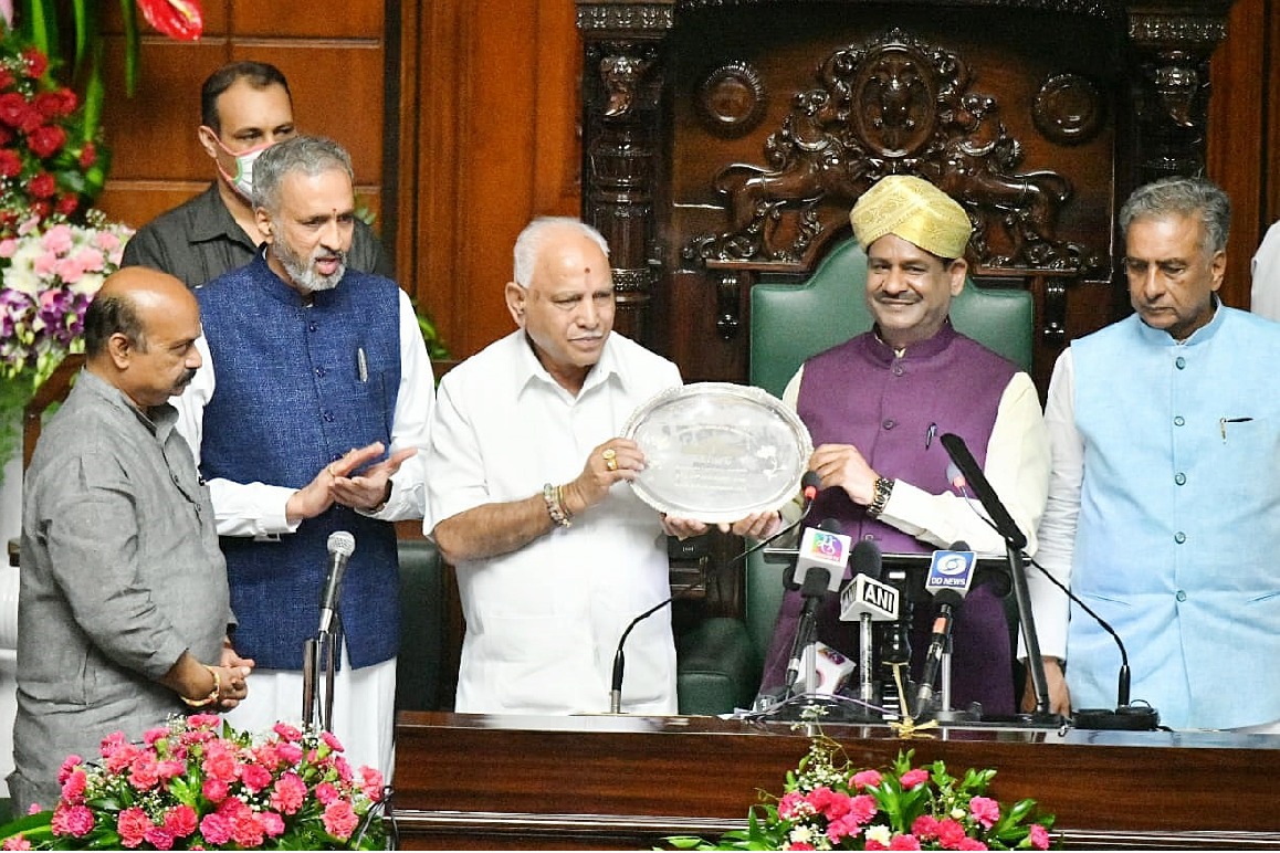 Lok Sabha Speaker Om Birla honours Yediyurappa with best legislator award