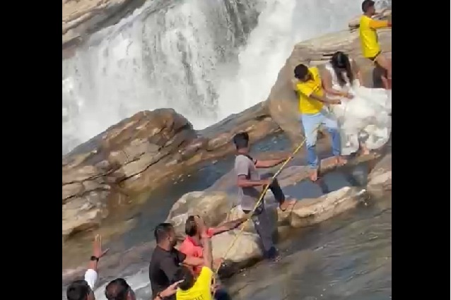 Couple gets stuck in waterfall during pre-wedding shoot, video goes viral
