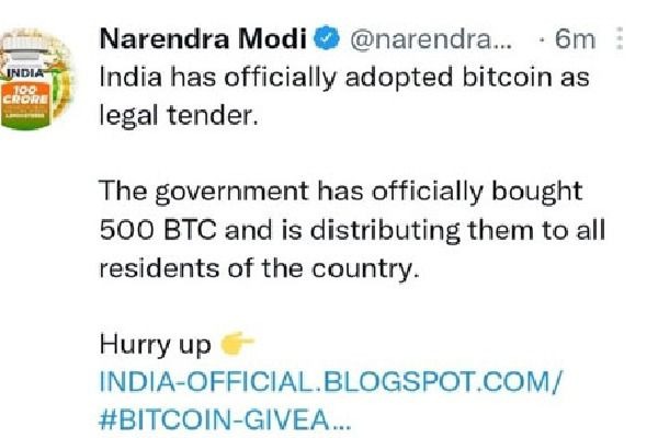 Modi's Twitter handle compromised, Bitcoin link shared
