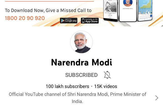YouTube Subscribers of Narendra Modi channel cross 1 crore