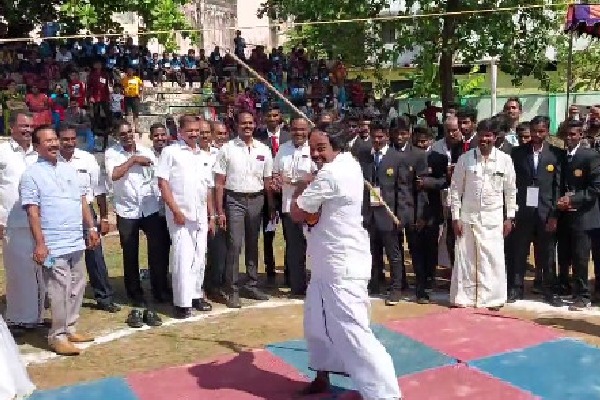 Tamilnadu IT Minister Mano Thangaraj performs ancient fighting skill