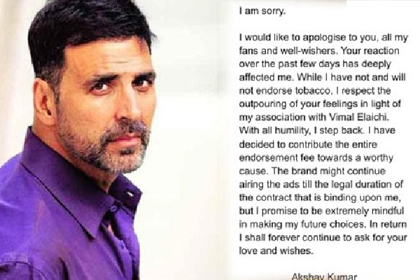 Akshay Kumar steps down as tobacco brand ambassador after backlash says I am sorry