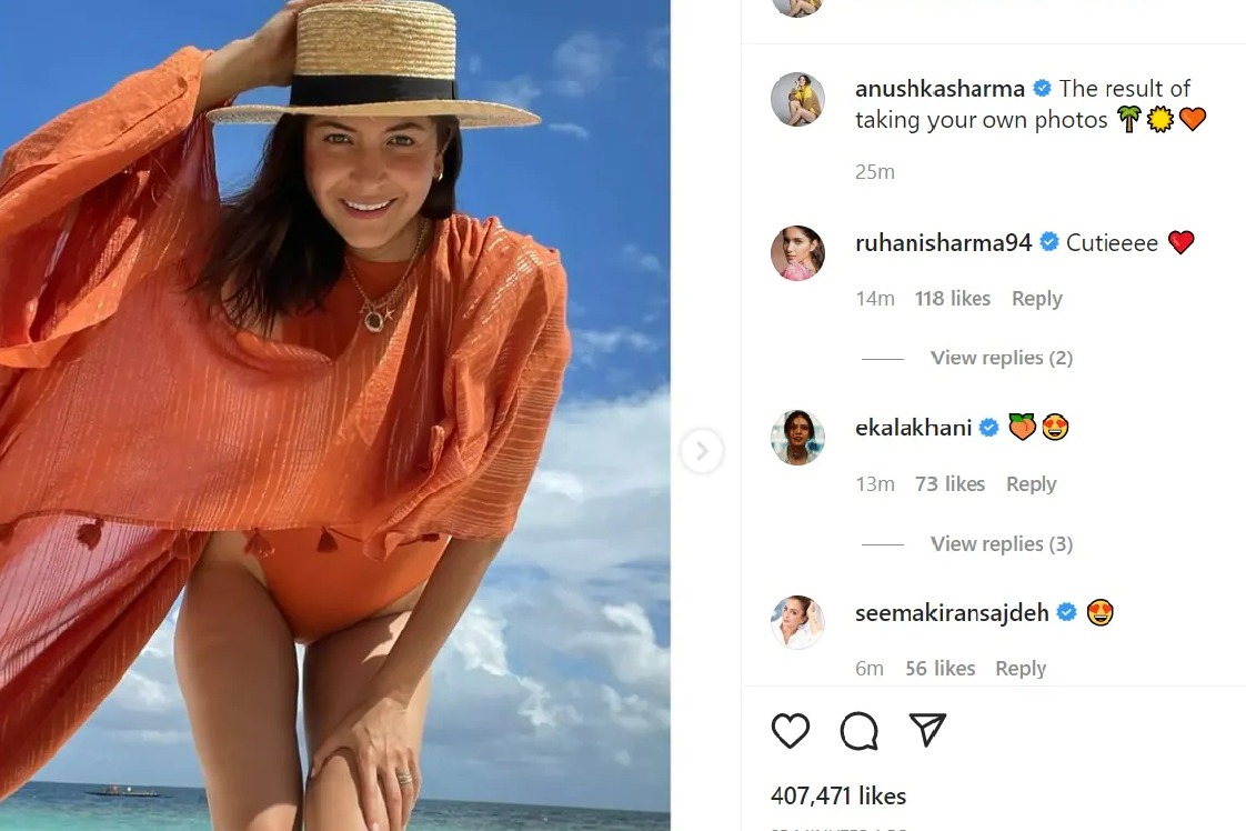 Anushka Sharma shares pics in orange swimsuit as she clicks herself on vacation with Virat Kohli