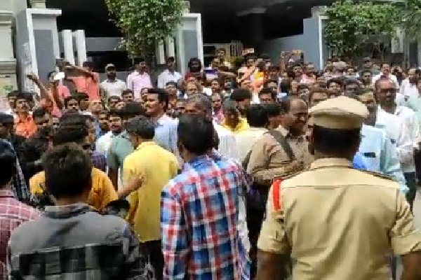 Cine Labor protests at Film Federation office in Hyderabad