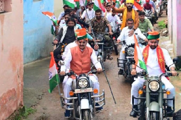 union minister kishan reddy spotted on bullet bike in Tiranga Bike Rally at Khajuraho