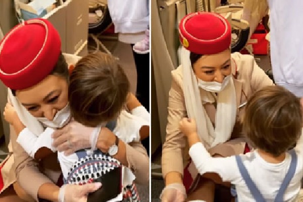 Emirates air hostess welcomes her toddler son onboard video viral