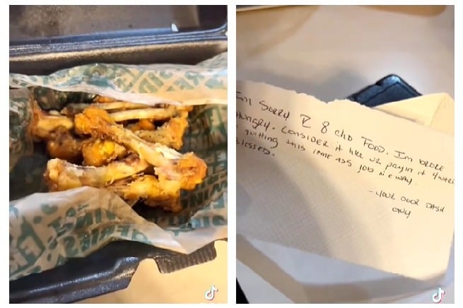 Man orders chicken wings gets bones and a note instead