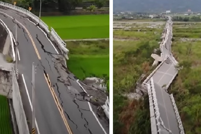 Bridge twisted cracked after earthquake in taiwan