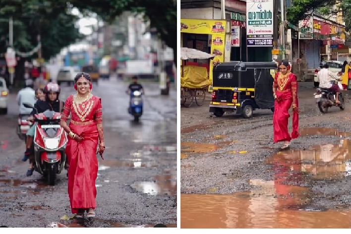 Kerala bride walks on road full of potholes
