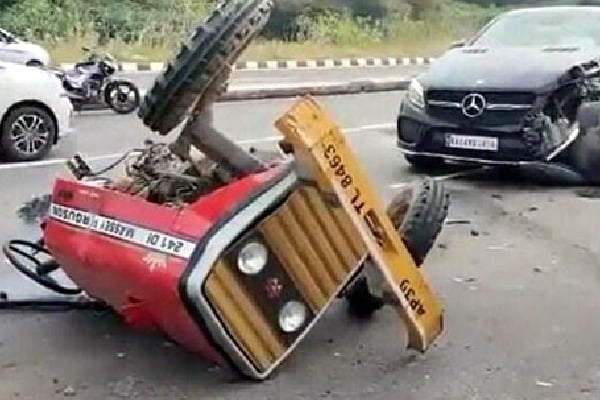 Tractor breaks into 2 parts after collision with Mercedes near Tirupati