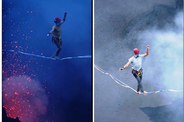 Daredevils rope walk over active volcano
