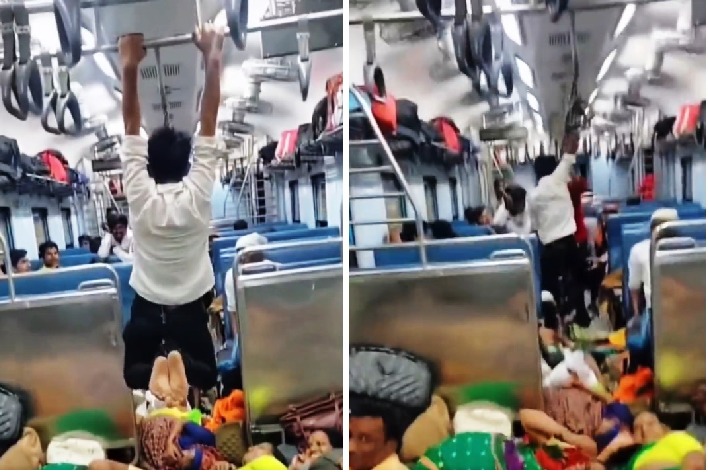 Indian spiderman man uses unique technique to get to his seat viral video