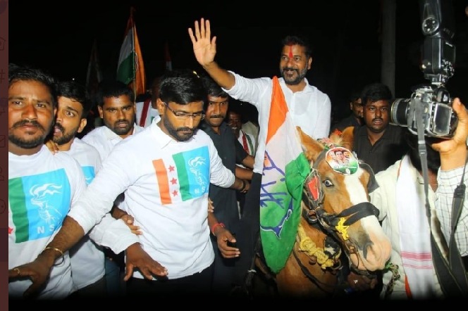 Revanth Reddy rides horse during Munugodu by poll campaign