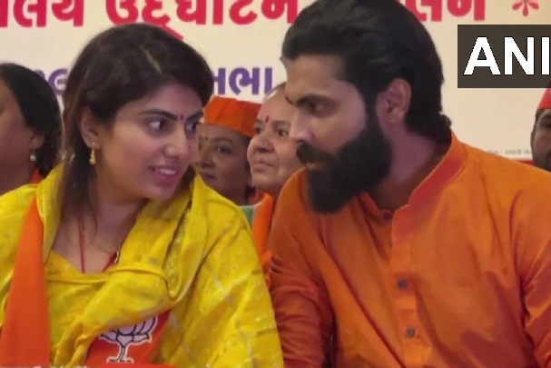 Gujarat election Ravindra Jadeja accompanies wife Rivaba to Jamnagar BJP event