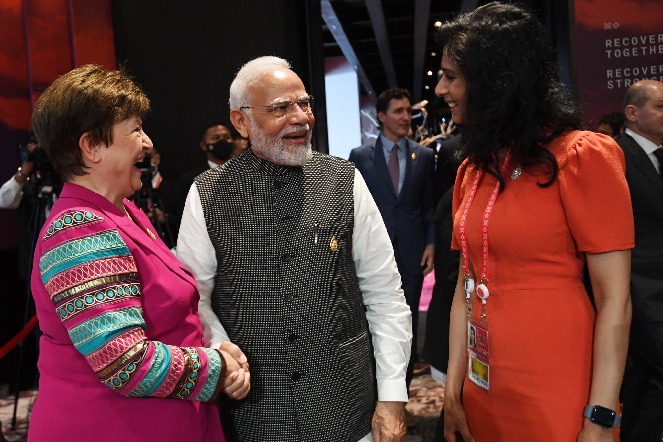 imf lady bosses Gita Gopinath and Kristalina Georgieva meets pm modi in g20 summit