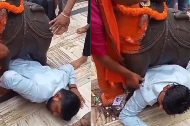 Viral video shows man stuck under an elephant statue at a temple Watch