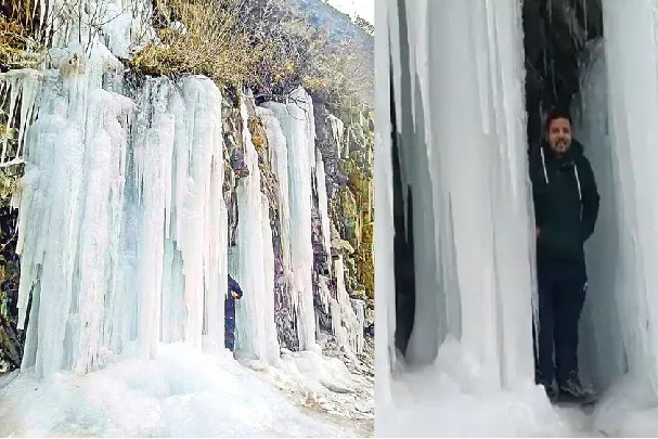  Himachal Pradesh kullu waterfall frozen due extreme cold