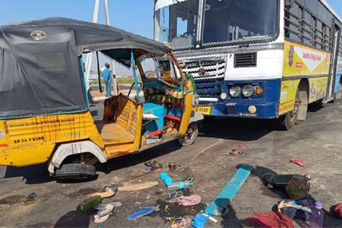 Four people lost their lives in a collision between an auto and a private bus in Choutuppal