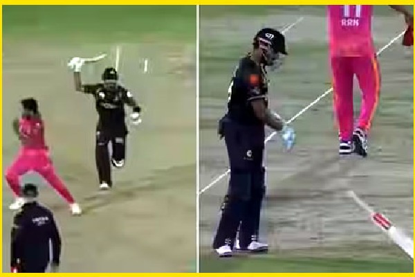 Hassan Ali runs for cover after Babar Azam scares him with the bat 