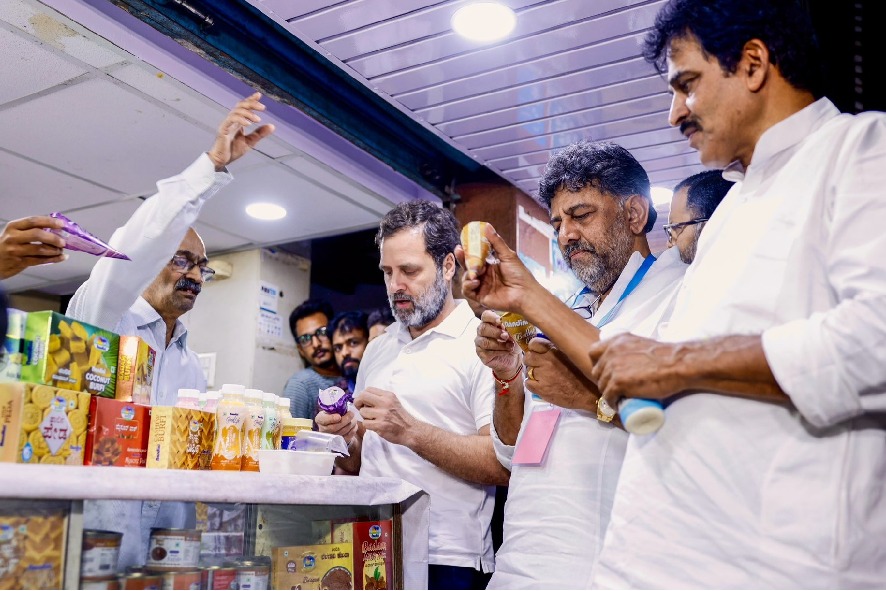 Karnatakas pride Rahul Gandhi relishes Nandini ice cream amid row over Amuls entry