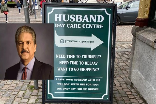 anand mahindra shares a board photo of denmark cafe for advertising itself as husband day care centre