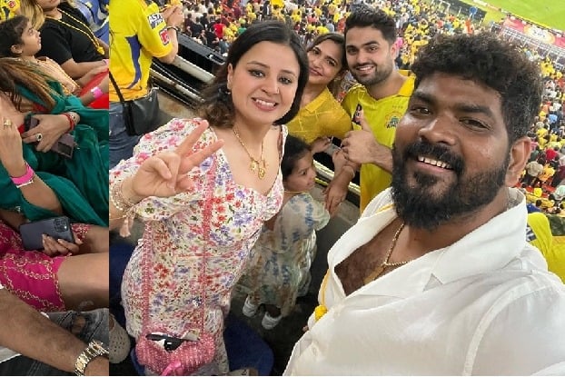 Vignesh Shivan gets clicked with Sakshi Dhoni, Raviba Jadeja while cheering for Chennai Super Kings