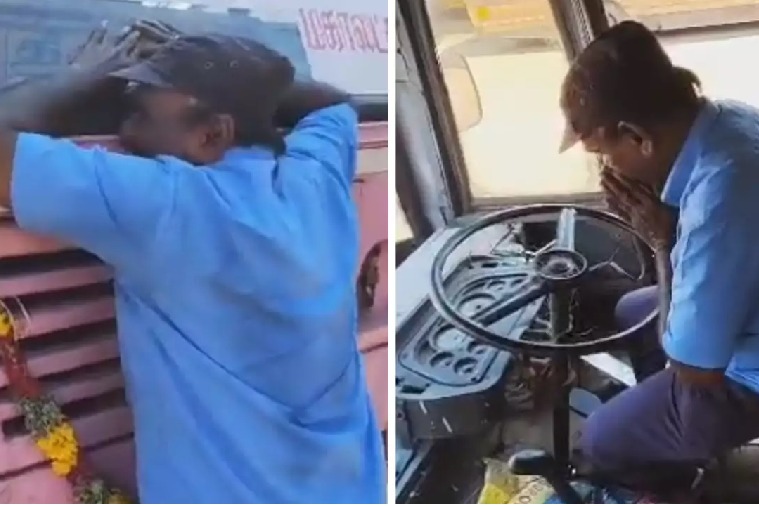 Tamil Nadu State Transport driver kisses steering wheel and hugs bus