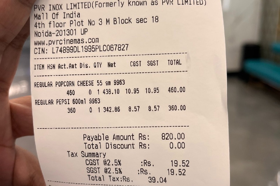Noida Resident Criticises Multiplex Pricey Snacks Bill Pic Goes Viral