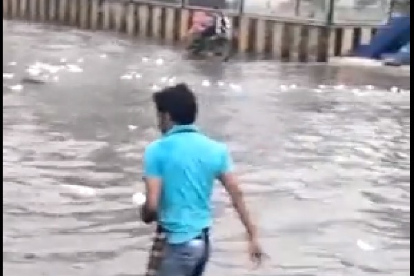 People wade in knee deep water for floating milk packets in Machilipatnam