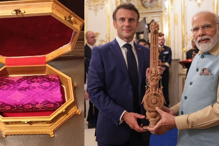 sandalwood sitar to macron and pochampally silk to his wife a look at exquisite gifts from pm modi