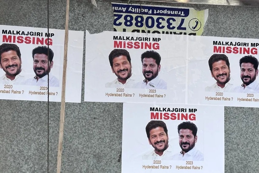 Missing posters of Malkajgiri MP Revanth Reddy in Hyderabad