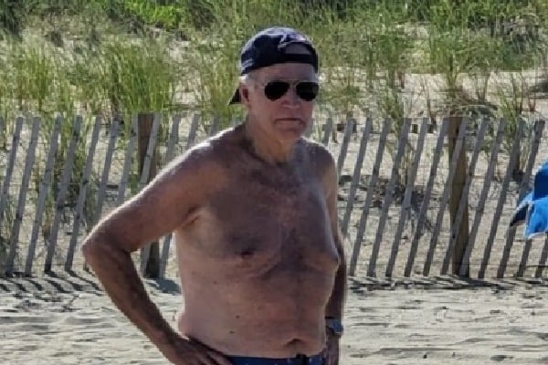 Joe Biden shirtless with baseball cap and aviators