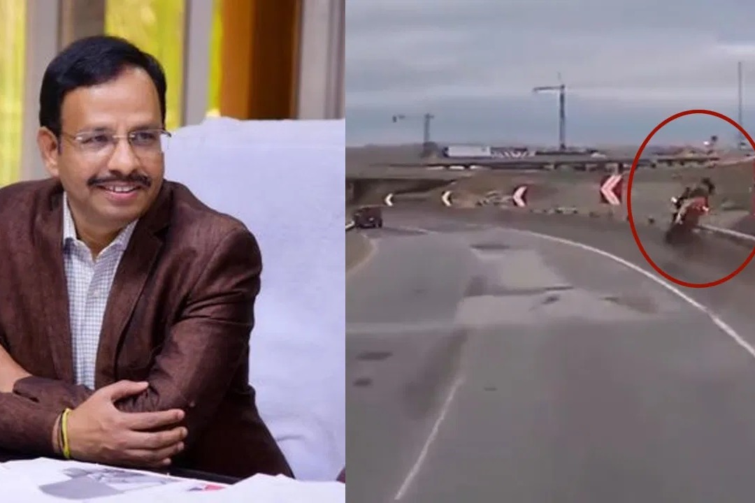 Bike Rider falls off Flyover due to overspeed TSRTC MD Sajjanar shares the Video of Road accident