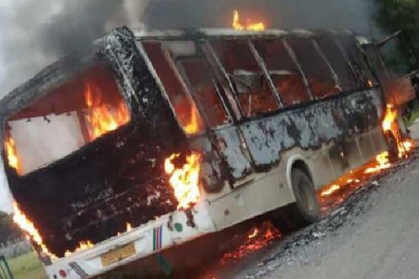 Bus gutted after hitting a bike in Hyderabad, one dead