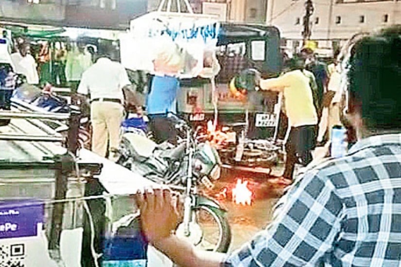 Drunk Biker sets his bike on fire after getting caught by police in warangal city