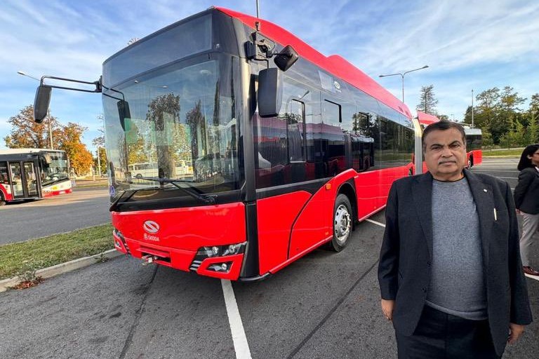 Nitin Gadkari test rides world longest overhead power electric trolley bus in Prague 