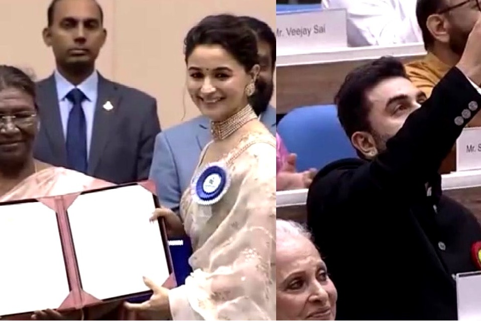 Alia Bhatt wears wedding saree for 69th National Film Awards; hubby
 Ranbir films her as she accepts honour