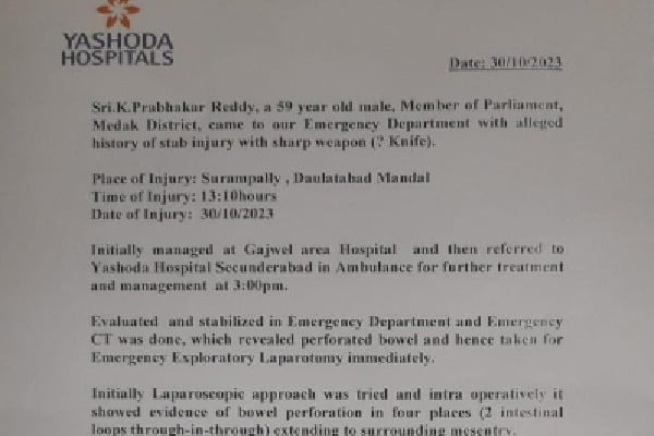 Kotha Prabhakar Reddy to be in hospital for ten days