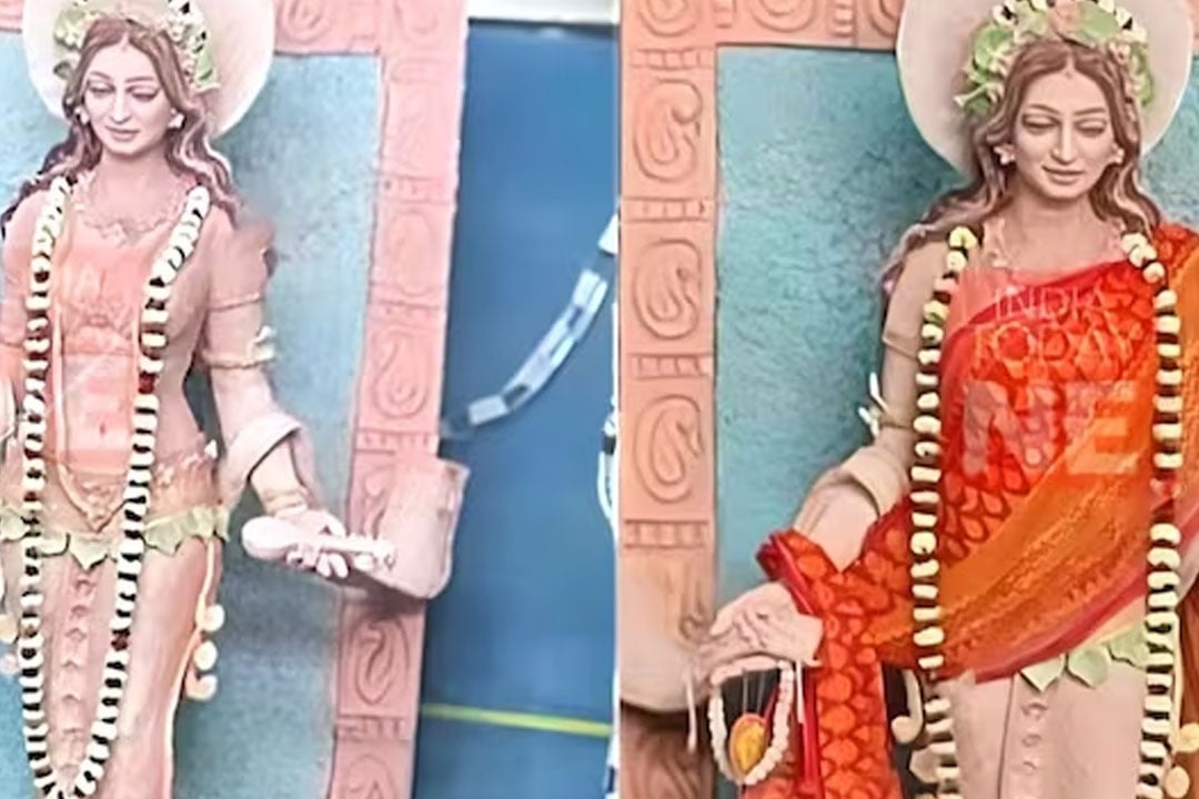 Unhappy over Saraswati attire Bajrang Dal and ABVP put saree on idol in Tripura