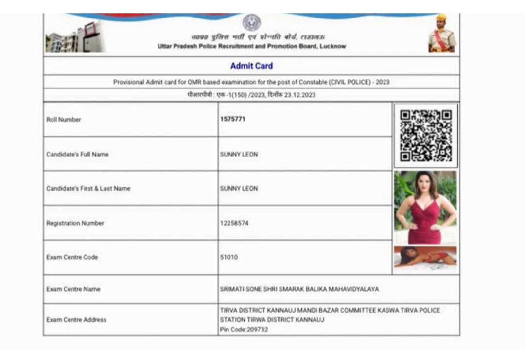 Competitive Exam Hall Ticket Issued in the name of Sunny Leone in Uttar Pradesh