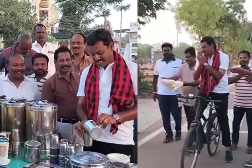 Tamilnadu MP candidate murosoli serves fruit juice to voters early morning 