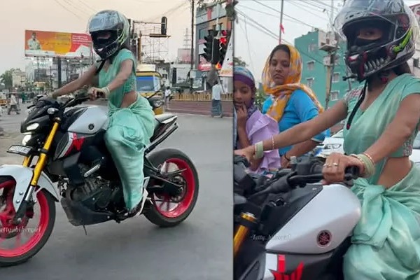 saree wearing girl rides sports bike in warangal netizens amused