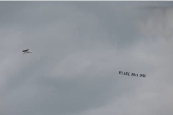 Plane carries banner Release Imran Khan flies over stadium while India and Pakistan match