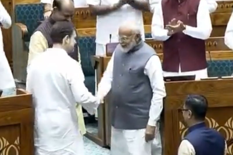 Rahul Gandhi, PM Modi shake hands as they welcome LS Speaker Om Birla