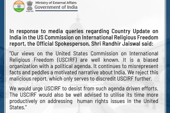 India rejects malicious report by USCIRF on religious freedom abuses