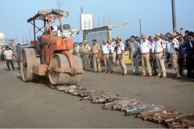 Andhra Pradesh Police crushes 80 bike silencers to combat noise pollution