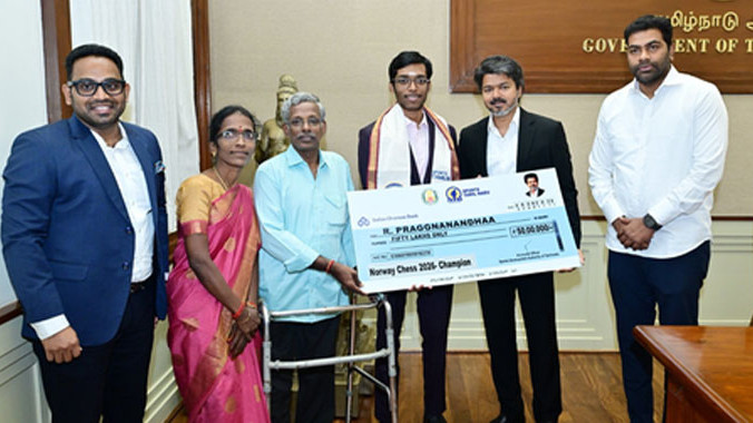 R Praggnanandhaa honored by CM Vijay with 50 lakh reward