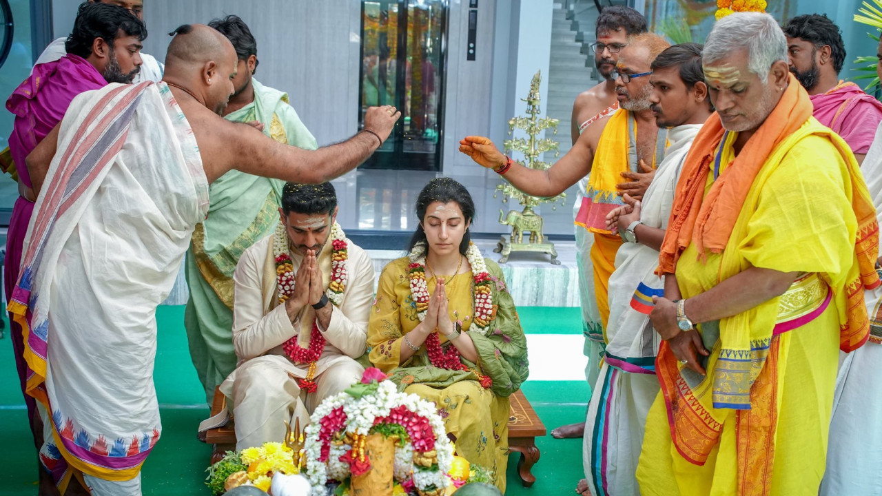 Nara Lokesh performs Rudrabhishekam with wife Nara Brahmani photos here