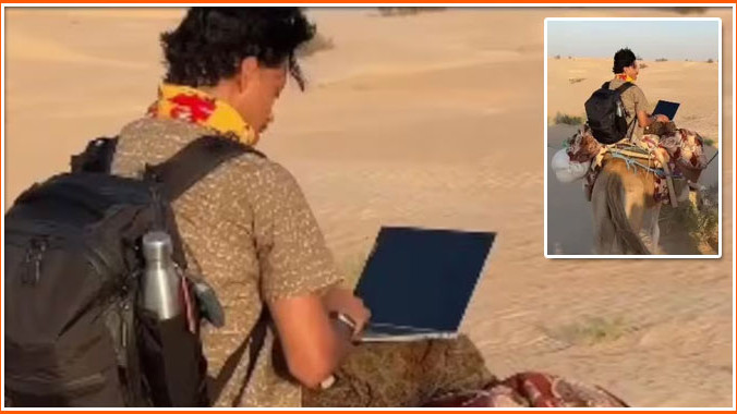 No escape from meetings even in the desert Man with laptop in Sahara viral video